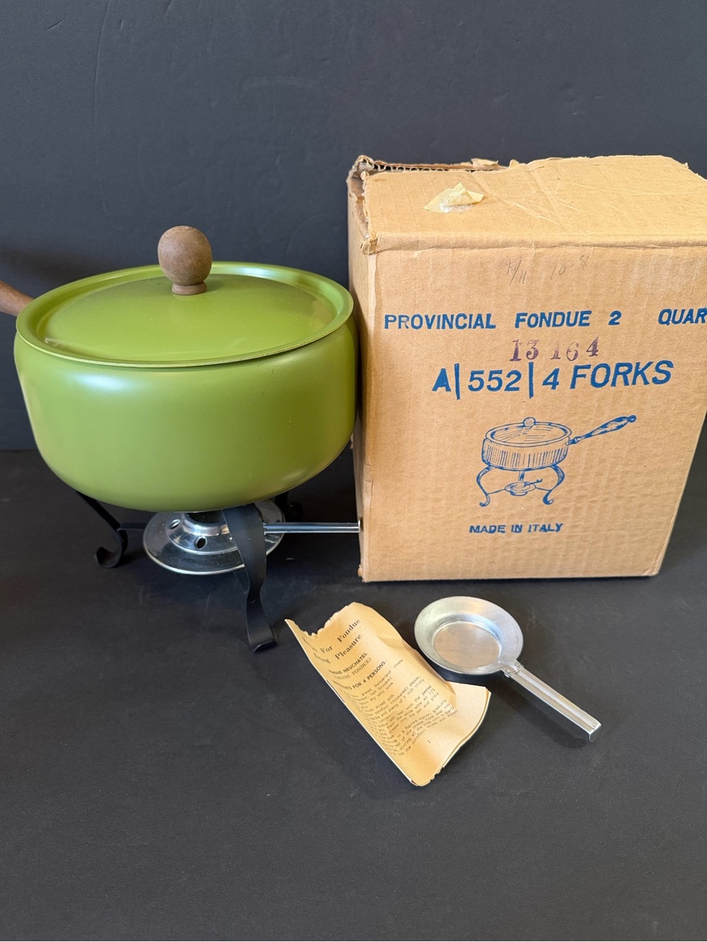 Vtg 1970s Olive Green Fondue Set w/Original Box Italy-Fondue Forks NOT Included
